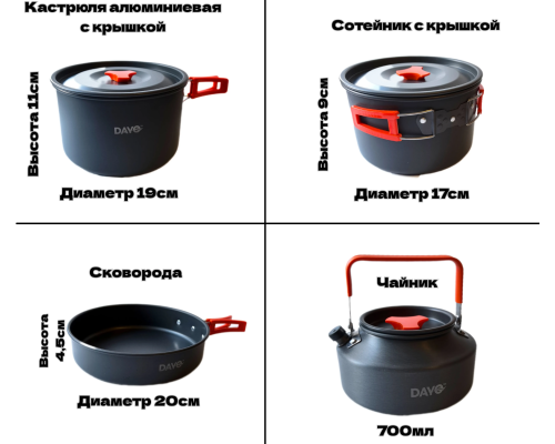 Набор туристической посуды Dayo 941002-4, 15 предметов + 3 крышки, в чехле