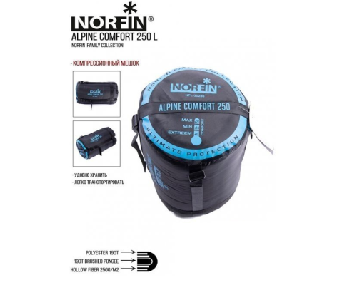 Спальный мешок-одеяло Norfin Alpine Comfort 250 R 200х80см, 0С/+20С Спальный мешок-одеяло Norfin Alpine Comfort 250 R 200х80см, 0С/+20С
